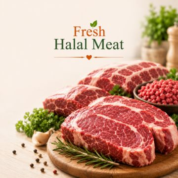Fresh halal meat display at Babylon Supermarket