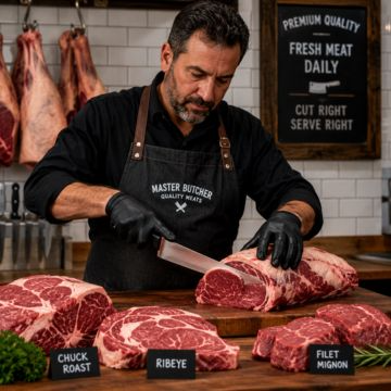Expert butcher preparing fresh meat cuts